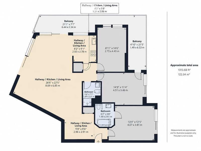 Floor plan of a multi-room layout including multiple living areas, bathrooms, and a balcony.