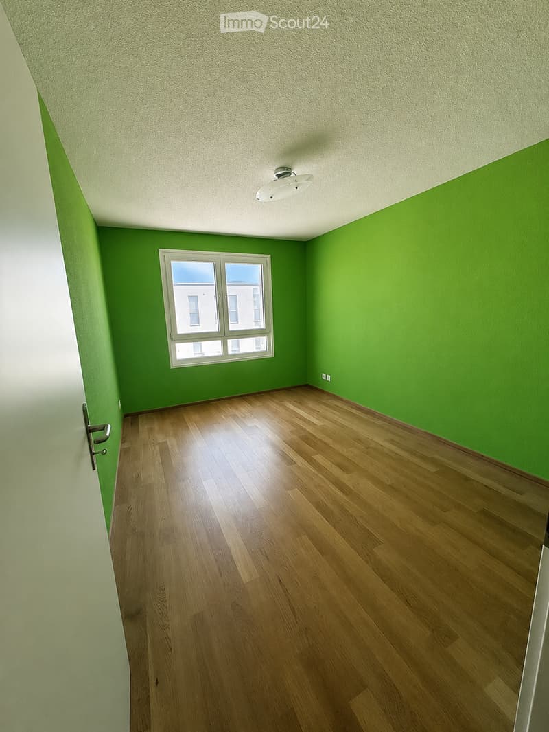Empty room with wooden flooring, green walls, and a large window letting in natural light. The room has a white ceiling with a single light fixture.