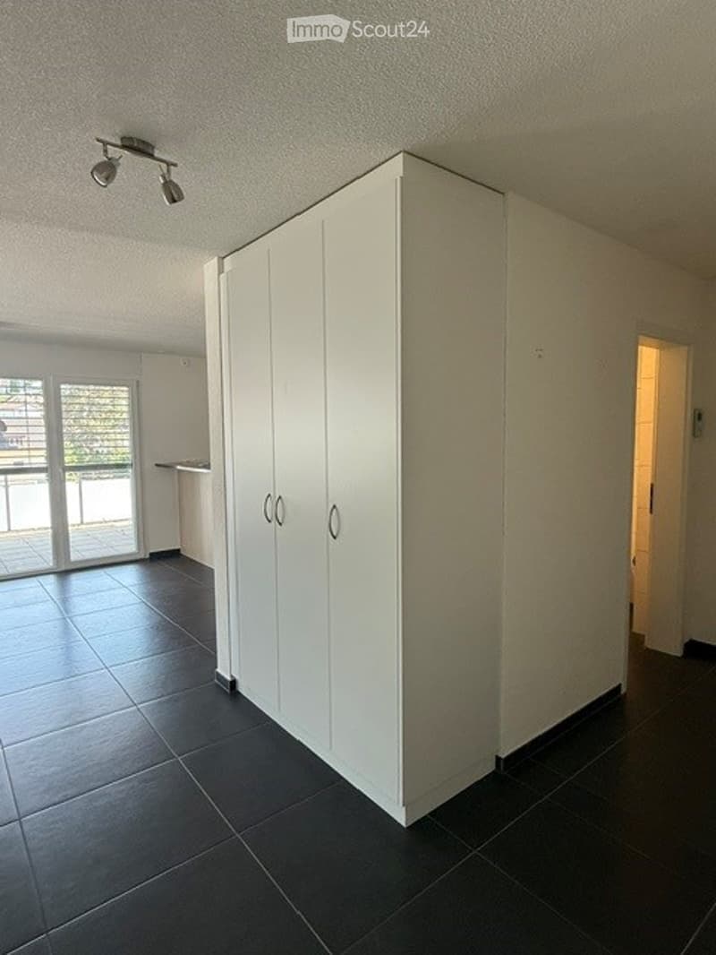 Empty room with dark tiled flooring, white walls, large built-in closet, and a sliding glass door leading to a balcony.