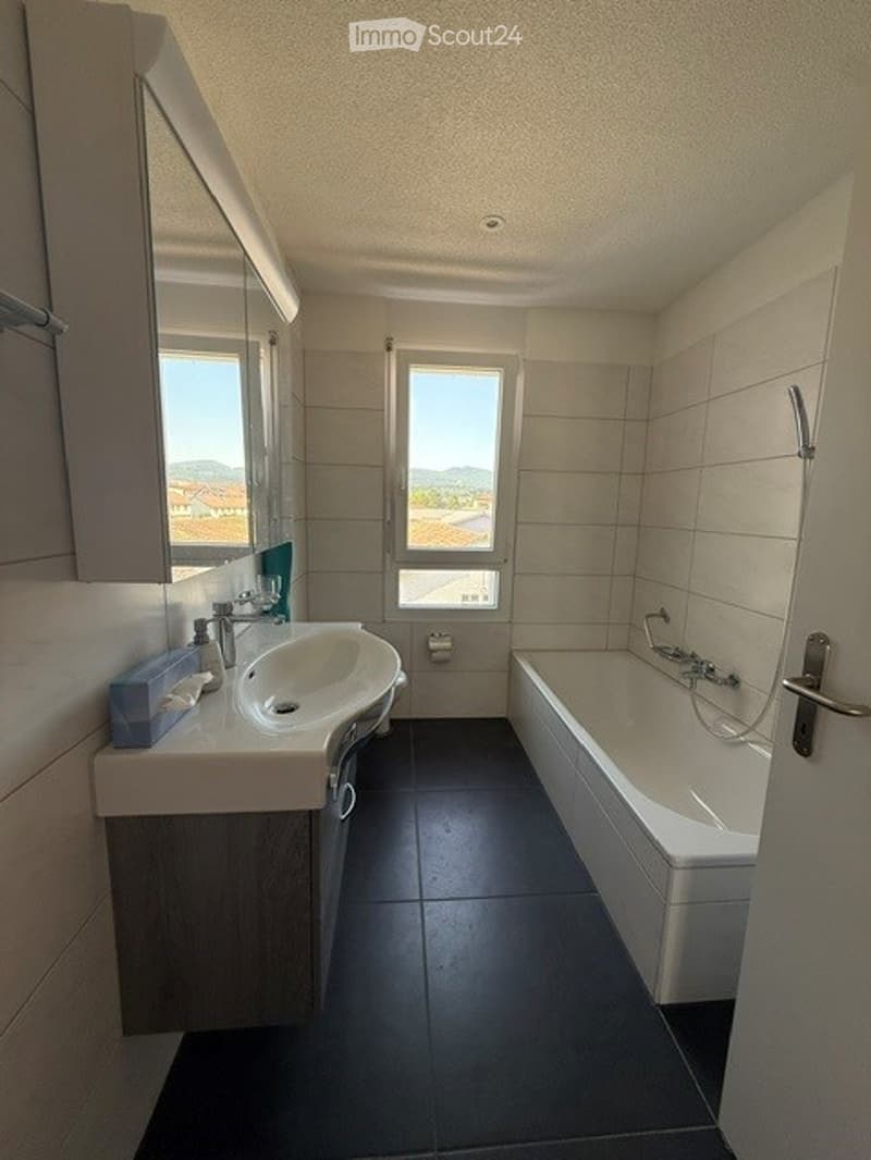 Modern bathroom with a white sink, bathtub, and large windows offering a scenic view.