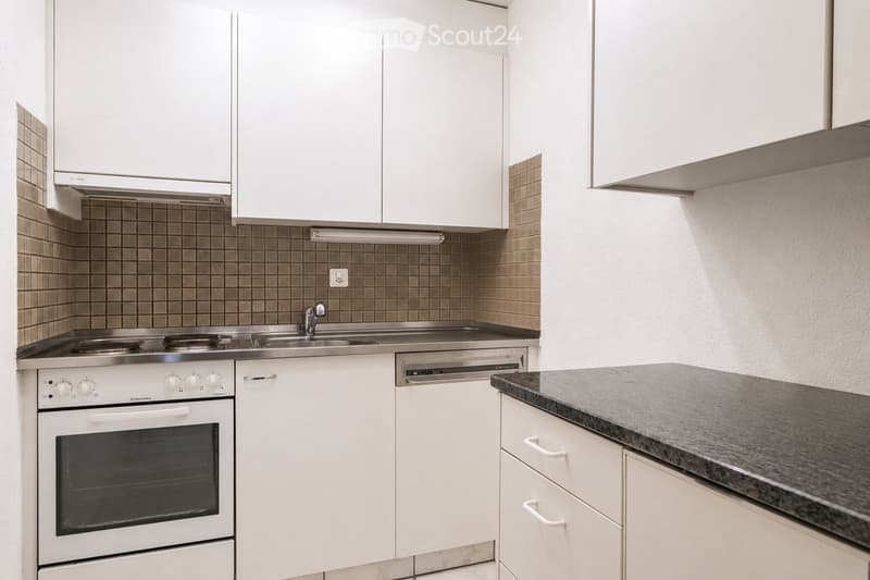 Modern kitchen with white cabinets, stainless steel oven, sink, and countertop.