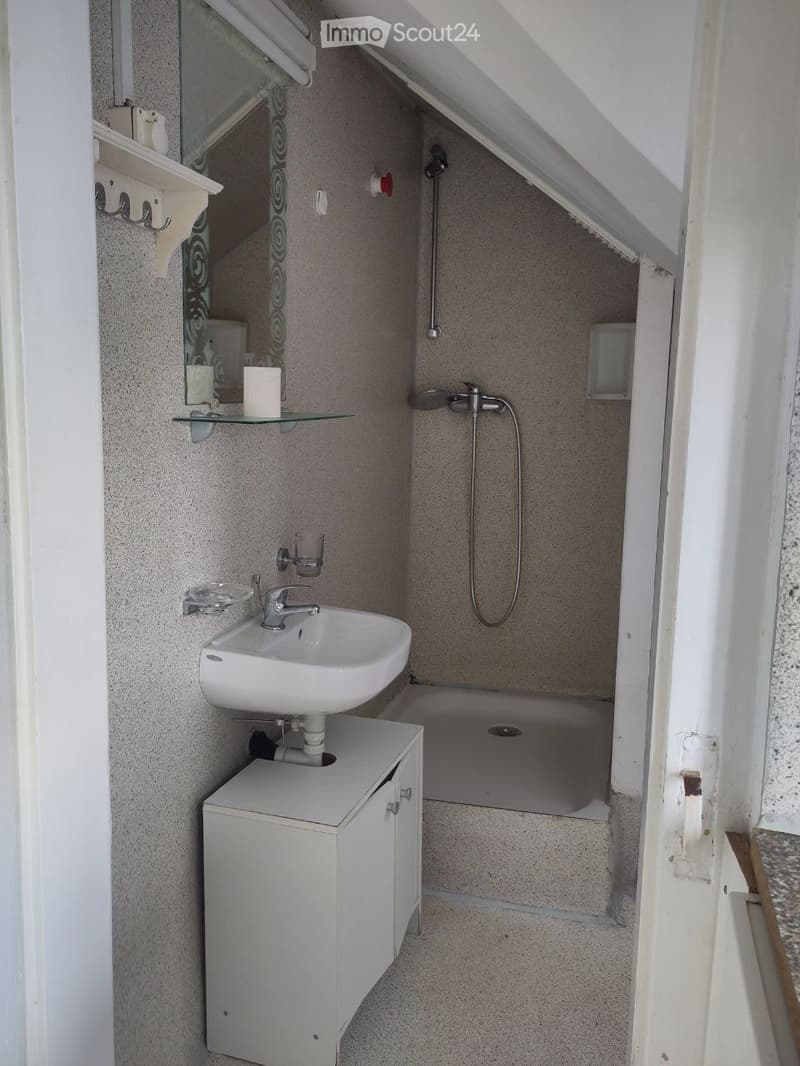 Compact bathroom with a white sink, mirrored cabinet, glass shelves, and a shower area with a handheld showerhead.