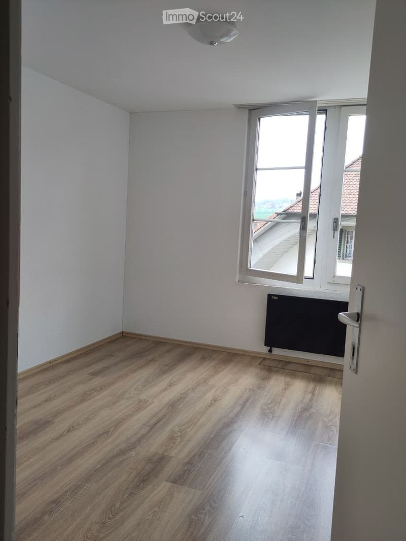Empty room with wooden flooring, white walls, and a large window with white frame. A black radiator is mounted on the wall below the window.