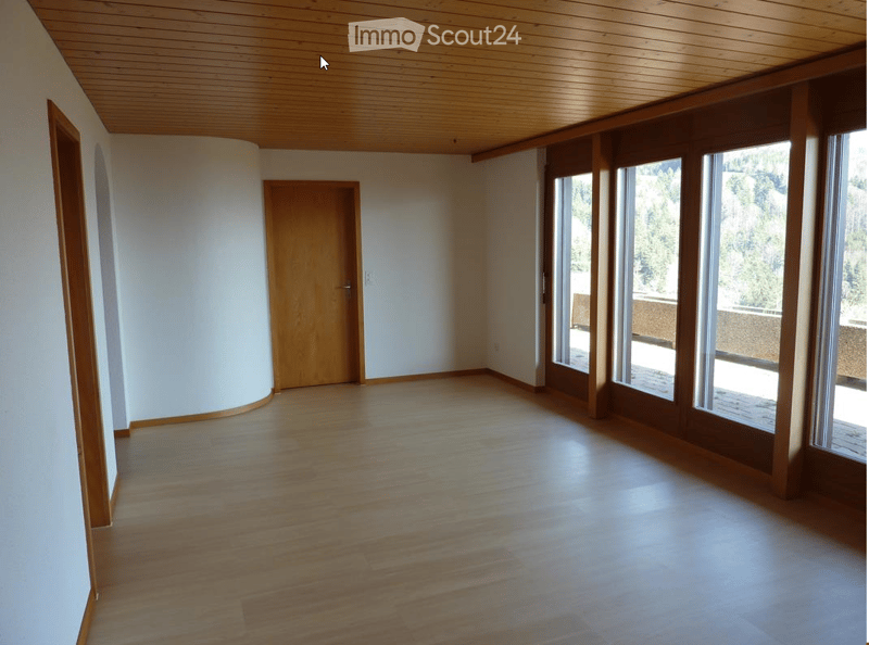 empty room, hardwood floors, wooden ceiling, large windows, balcony with view