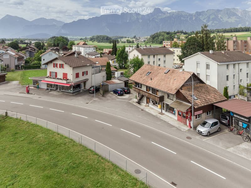 Aerial view of a small town with several buildings, including shops and residential houses, surrounded by green fields and mountains in the background.