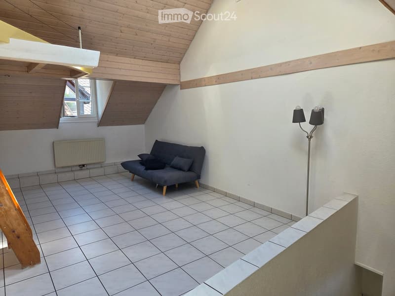 A small, modern living room with a grey sofa, wooden legs, a floor lamp, and a slanted wooden ceiling. The room features tiled flooring and a radiator on the wall.