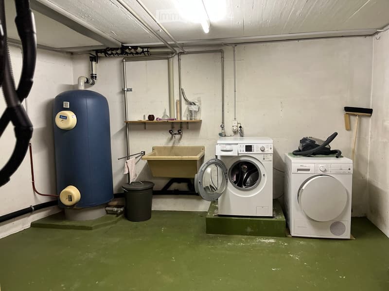 Utility room with washing machine, dryer, sink, water tank, and shelves.