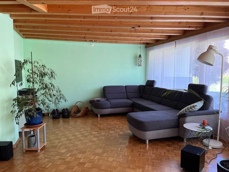 Modern living room with wooden flooring, grey sectional sofa, coffee table, floor lamp, potted plant, and side table.