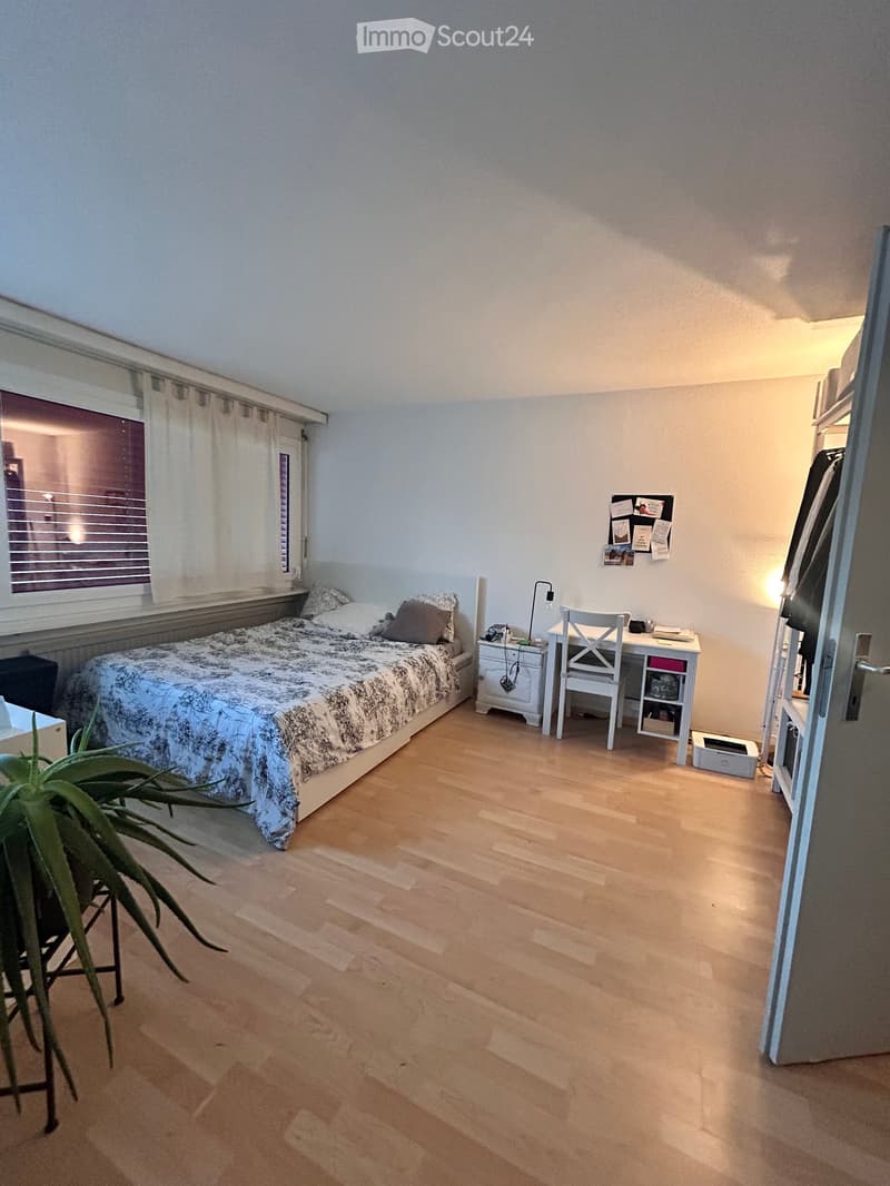 Cozy bedroom with wooden flooring, a double bed with patterned bedding, a nightstand, a desk with a chair, and a potted plant near the door.