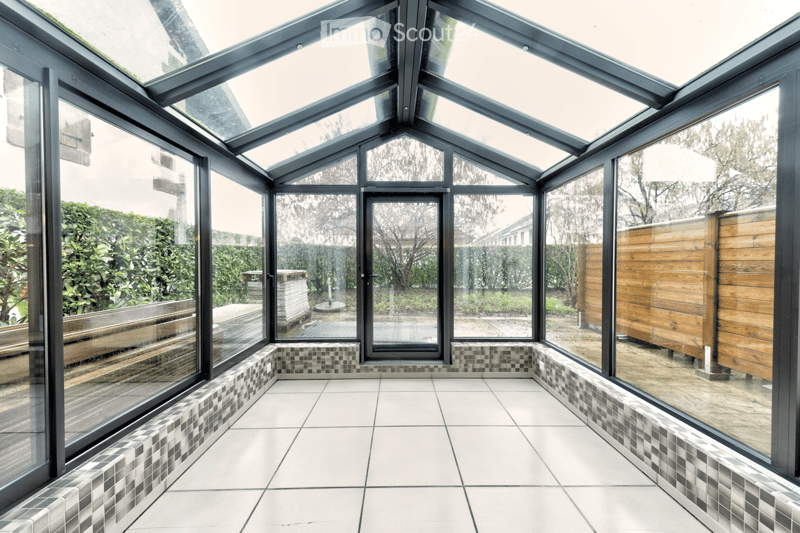 glass walls, white tiled floor, wooden fence, glass door, glass windows