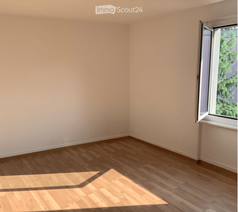 Empty room with wooden flooring and light-colored walls, featuring a large window with an open frame allowing natural light to enter.