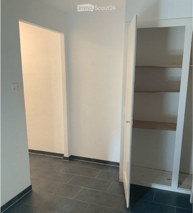 Empty room with white walls, dark tiled floor, and a built-in closet with empty shelves.
