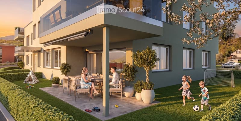 Family enjoying a modern outdoor patio area with a dining set, potted plants, and children playing on the lawn with toys and a soccer ball.