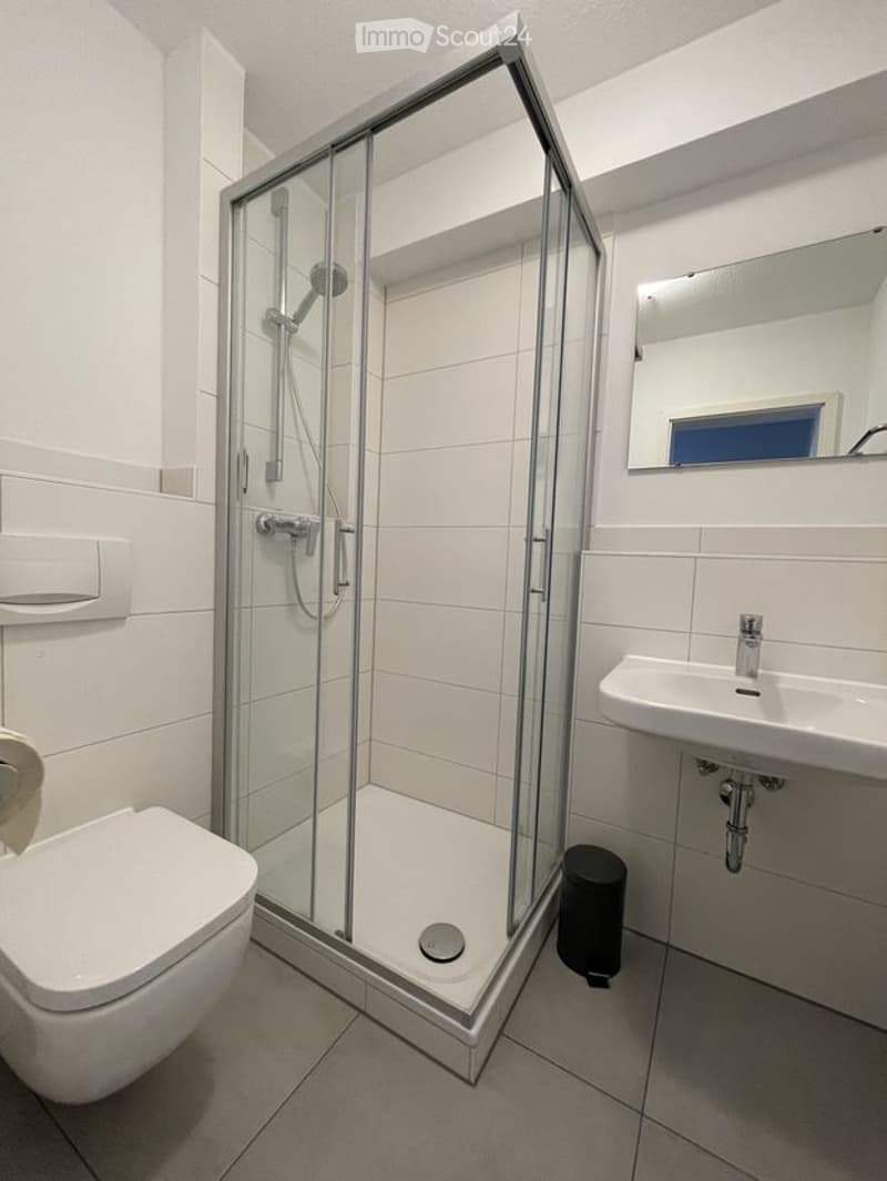 Modern bathroom with white tiles, a glass-enclosed shower, a toilet, a sink, and a mirror.