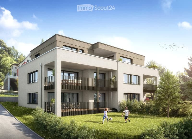 2 story house, gray exterior, multiple balconies, modern design, green space, trees in background