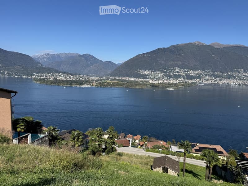 Panoramic view of a lake surrounded by mountains, with a town visible on the far shore and scattered houses and greenery in the foreground.