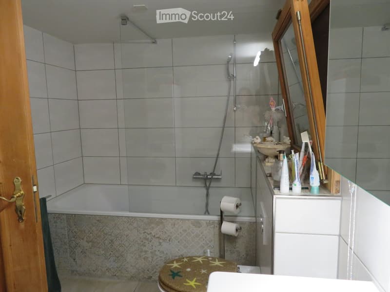 Bathroom with a toilet, sink, mirror, shower, and various toiletries on the sink counter.