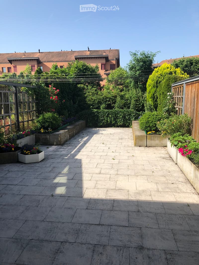 A paved garden area with concrete planters containing flowers and shrubs, surrounded by greenery and a wooden fence, with a house visible in the background.