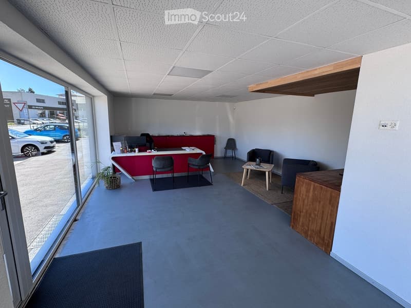 Modern office space with a reception desk, chairs, a small table, a sofa, and a plant near the entrance.