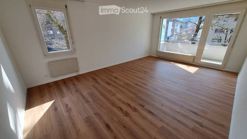Empty room with wooden floors, white walls, large windows, balcony, heaters