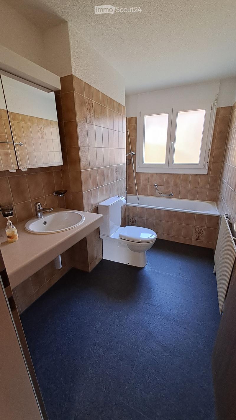Bathroom with sink, toilet, and bathtub. Brown tiles on walls and blue tiles on the floor. Mirror on the wall.
