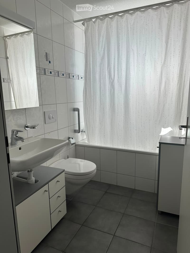 Modern bathroom with white tiles, a sink with a modern faucet, a toilet, a shower area with a curtain, and a cabinet with drawers.