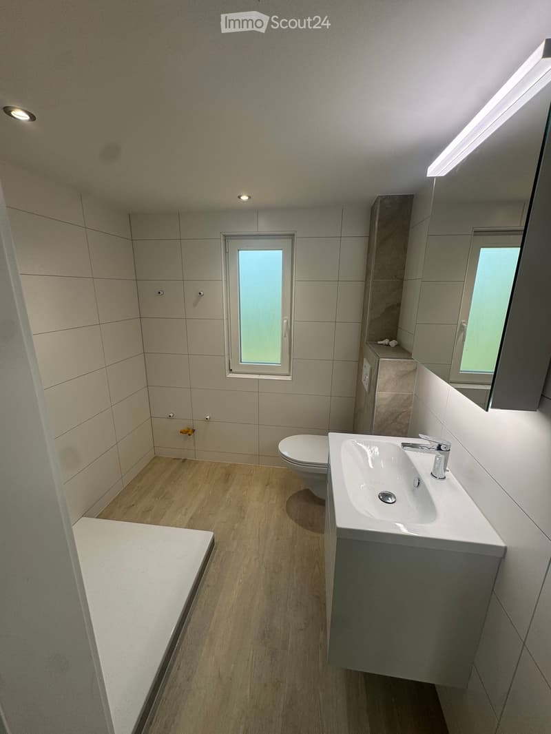 Modern bathroom with wooden flooring, white tiled walls, a sink with a modern faucet, a toilet, a bathtub, and a large mirror. The room features recessed lighting and a frosted window.