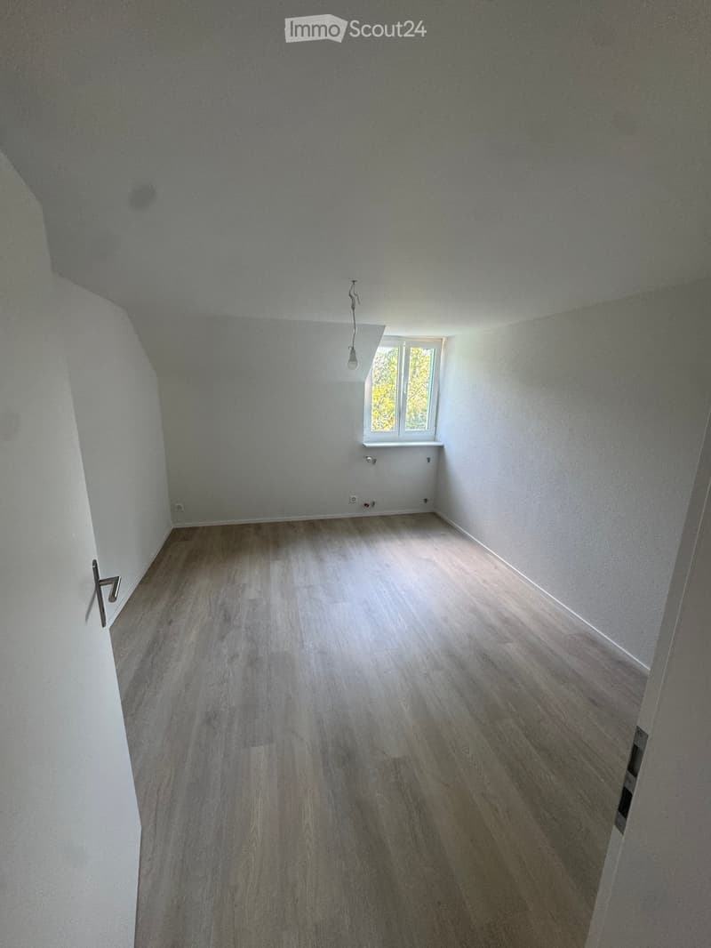 Empty room with light wooden flooring and white walls, featuring a single window and a hanging light fixture.