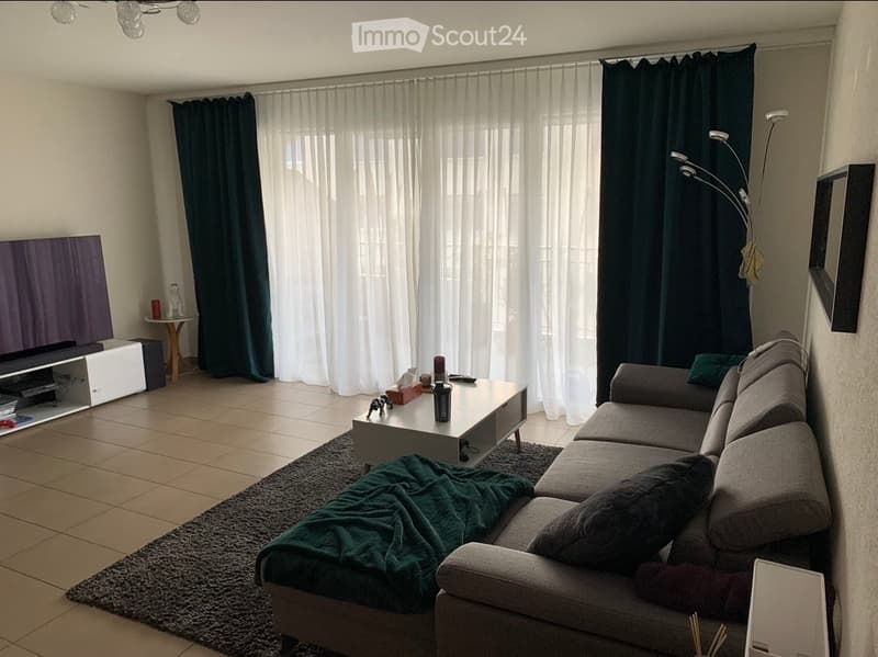 Modern living room with a grey sectional sofa, coffee table, TV stand, side table, and large windows with curtains.