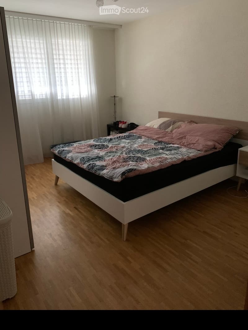 A modern bedroom with a wooden floor, a white bed frame, a colorful quilt, and a nightstand with a lamp. The room has large windows with sheer curtains.