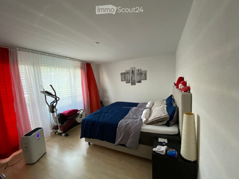 Bright bedroom with wooden flooring, large window with red curtains, bed with blue and grey bedding, nightstand, exercise bike, air purifier, and cat tree.