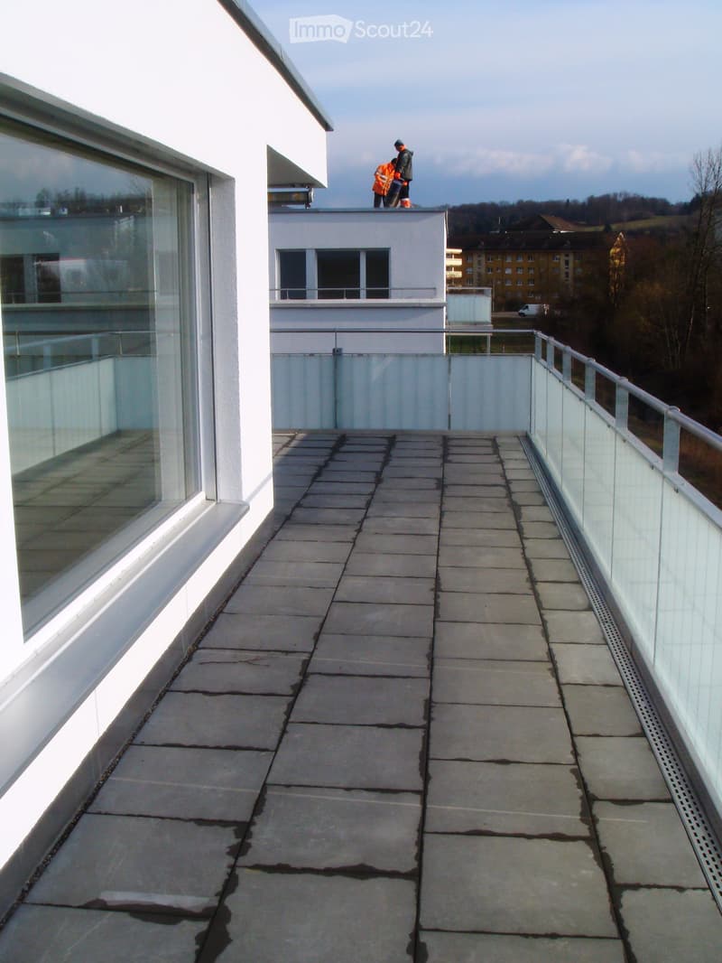 Modern balcony with glass railing, tiled floor, and metal ladder leading to the roof.