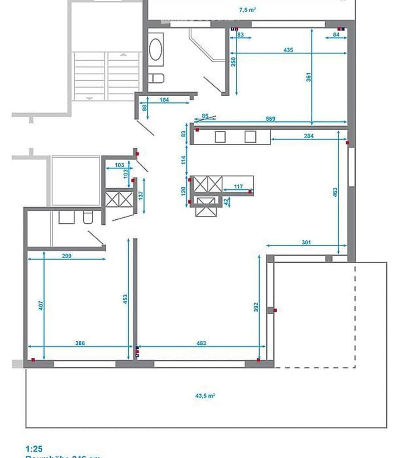 Floor plan of a residential space with labeled dimensions, including a living area, kitchen, bedroom, and bathroom.
