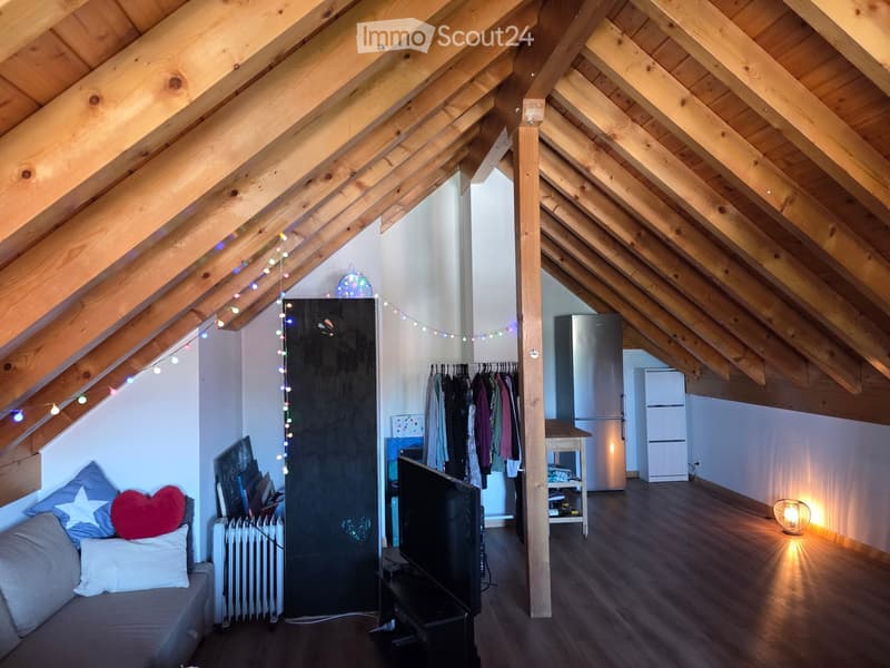 Cozy attic room with wooden beams, a sofa with pillows, a television, a refrigerator, a clothing rack, and a small table with a lamp.