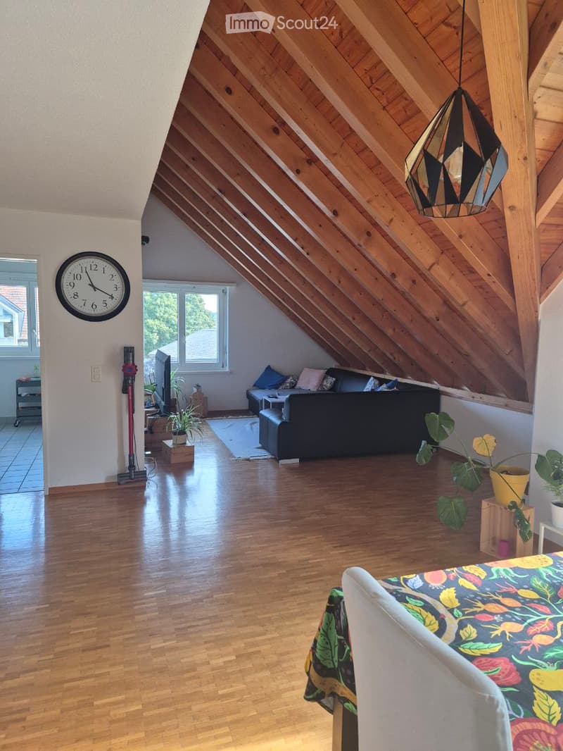 Bright, open living space with wooden floors, exposed wooden beams, and large windows. Features a black leather sofa, a dining table with a colorful tablecloth, a pendant light, and several potted plants.