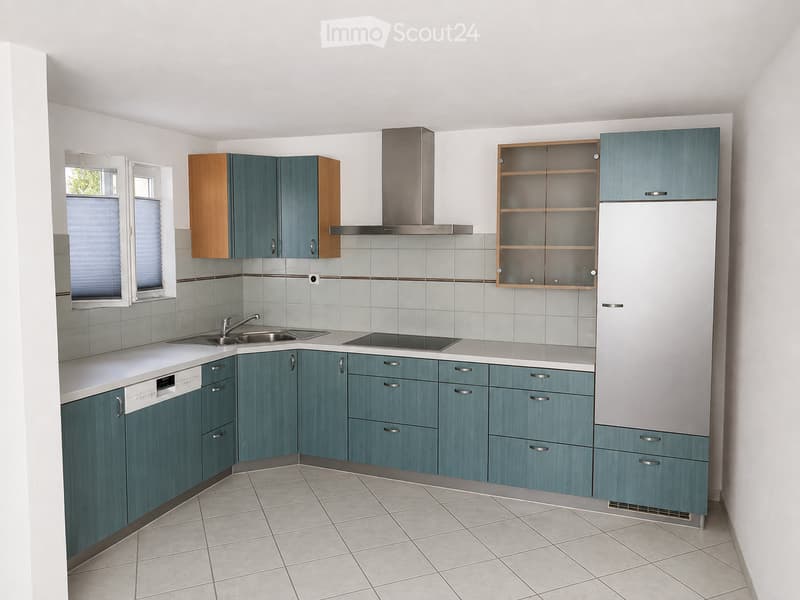 Modern kitchen with blue and wood cabinets, white countertops, stainless steel sink, dishwasher, and refrigerator.