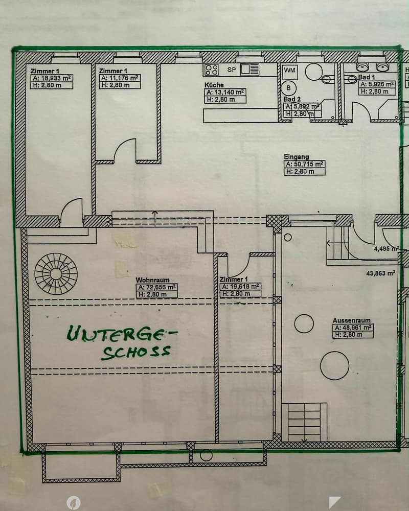 Floor plan of a basement level showing multiple rooms including living room, kitchen, bedrooms, bathrooms, entrance, and outdoor space. Areas labeled with dimensions and room types.