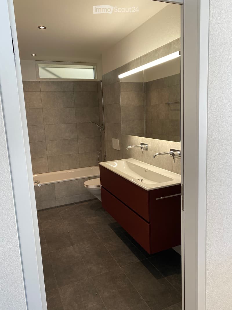 Modern bathroom with a dark brown vanity, white sink, large mirror with built-in lighting, bathtub, and toilet. The walls are tiled in a neutral gray color, and the floor is covered with dark brown tiles.