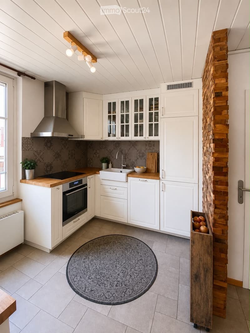 Modern kitchen with white cabinets, wooden countertops, stainless steel appliances, and a round patterned rug on the floor.