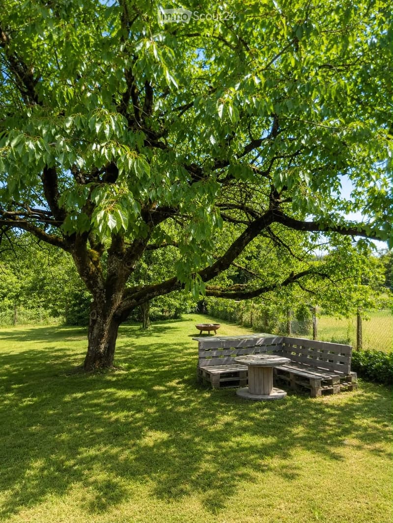 A serene garden area with a large tree providing shade, a wooden bench, a round table, and a small fire pit, surrounded by lush green grass and a fence in the background.