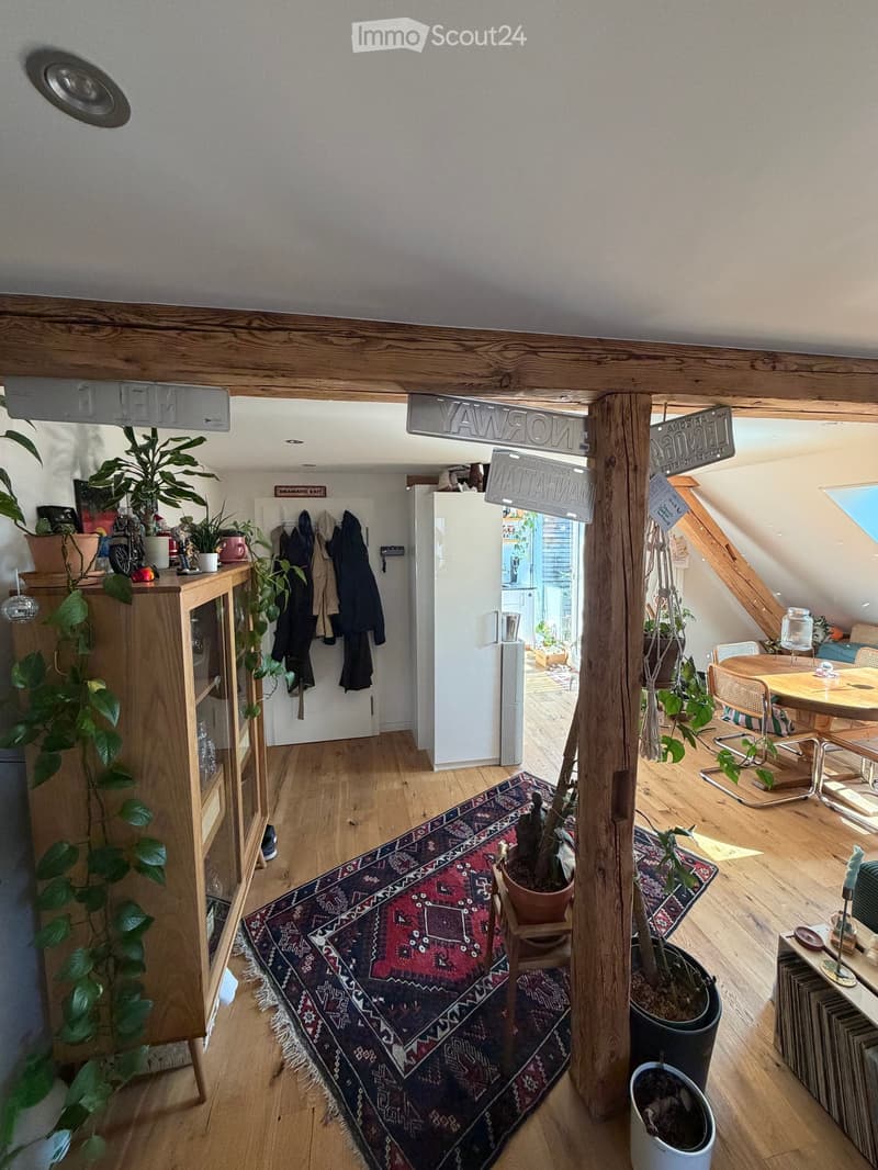 A cozy, well-lit living space with wooden floors, exposed wooden beams, and a mix of modern and rustic decor. Features include a large patterned rug, potted plants, a wooden cabinet, a dining table with chairs, and a record player on a shelf.