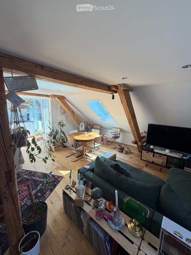 Cozy living room with wooden floors, exposed wooden beams, and skylight. Features a green sofa, coffee table, dining table with chairs, potted plants, and decorative items.
