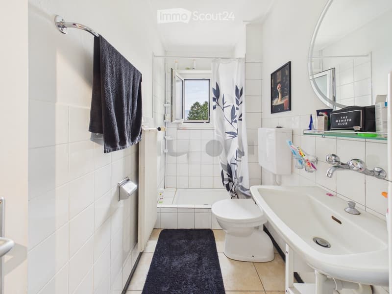 A small, well-lit bathroom with white tiles, a toilet, a sink, a bathtub, a mirror, a towel, and a dark-colored rug on the floor.