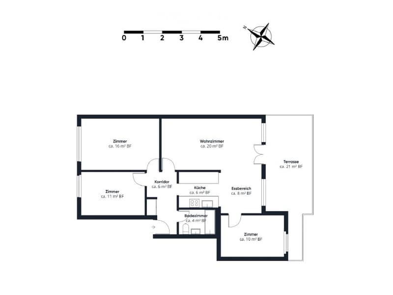 Floor plan of a 4-room apartment with a living room, kitchen, bedroom, and terrace.