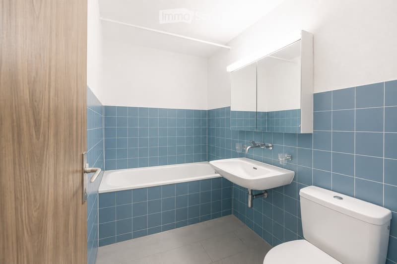 Modern bathroom with blue tiled walls, white fixtures including a bathtub, sink, toilet, and a mirrored cabinet.