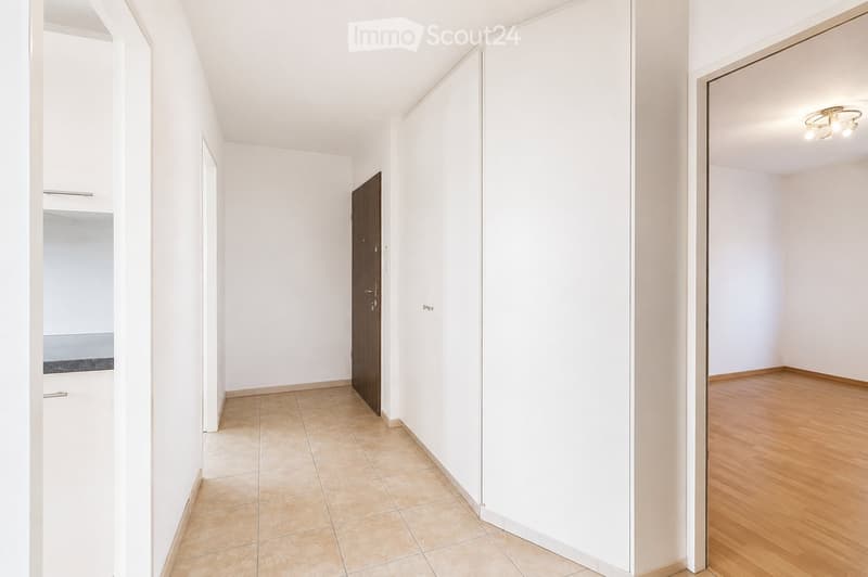 Empty hallway with white walls, tiled floor, and wooden door. Natural light from the left side.