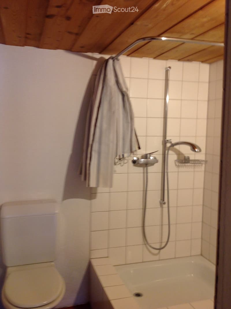 Bathroom with white tiled walls, a bathtub, a toilet, a shower with a handheld sprayer, and a towel hanging on the wall.