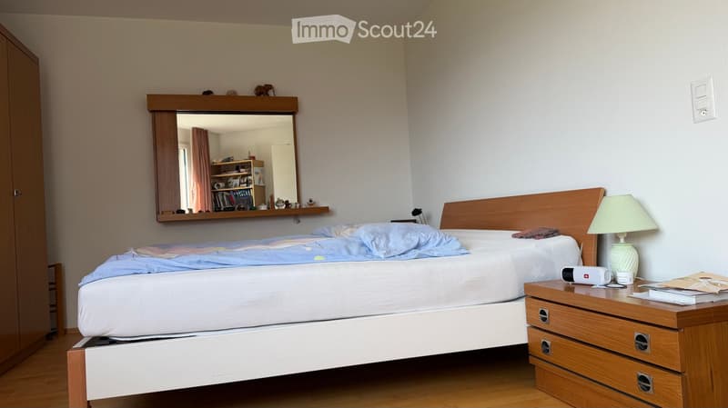 Bedroom with a wooden bed, nightstand, lamp, mirror, and bookshelf in the background.