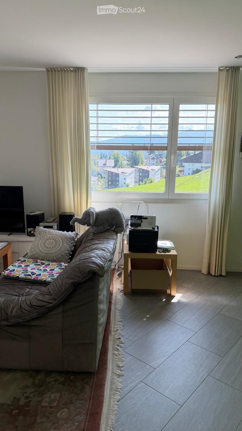 Living room with a sofa, a small table, a radio, a television, and a decorative pillow. The room features large windows with a scenic mountain view.