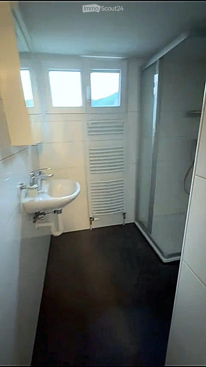 Bathroom with a sink, glass shower, and washing machine.